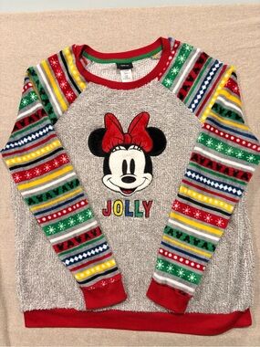 Disney Gray Minnie Mouse 'Jolly' Pullover with Red Trim and Multi-Color Sleeves